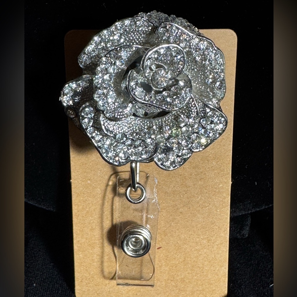 Up cycled Silver Rose Rhinestone Badge Reel Holder Made from Vintage Necklace
